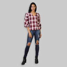 Load image into Gallery viewer, Rena Love All over Check Twisted Sleeve Top