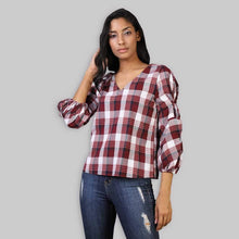 Load image into Gallery viewer, Rena Love All over Check Twisted Sleeve Top